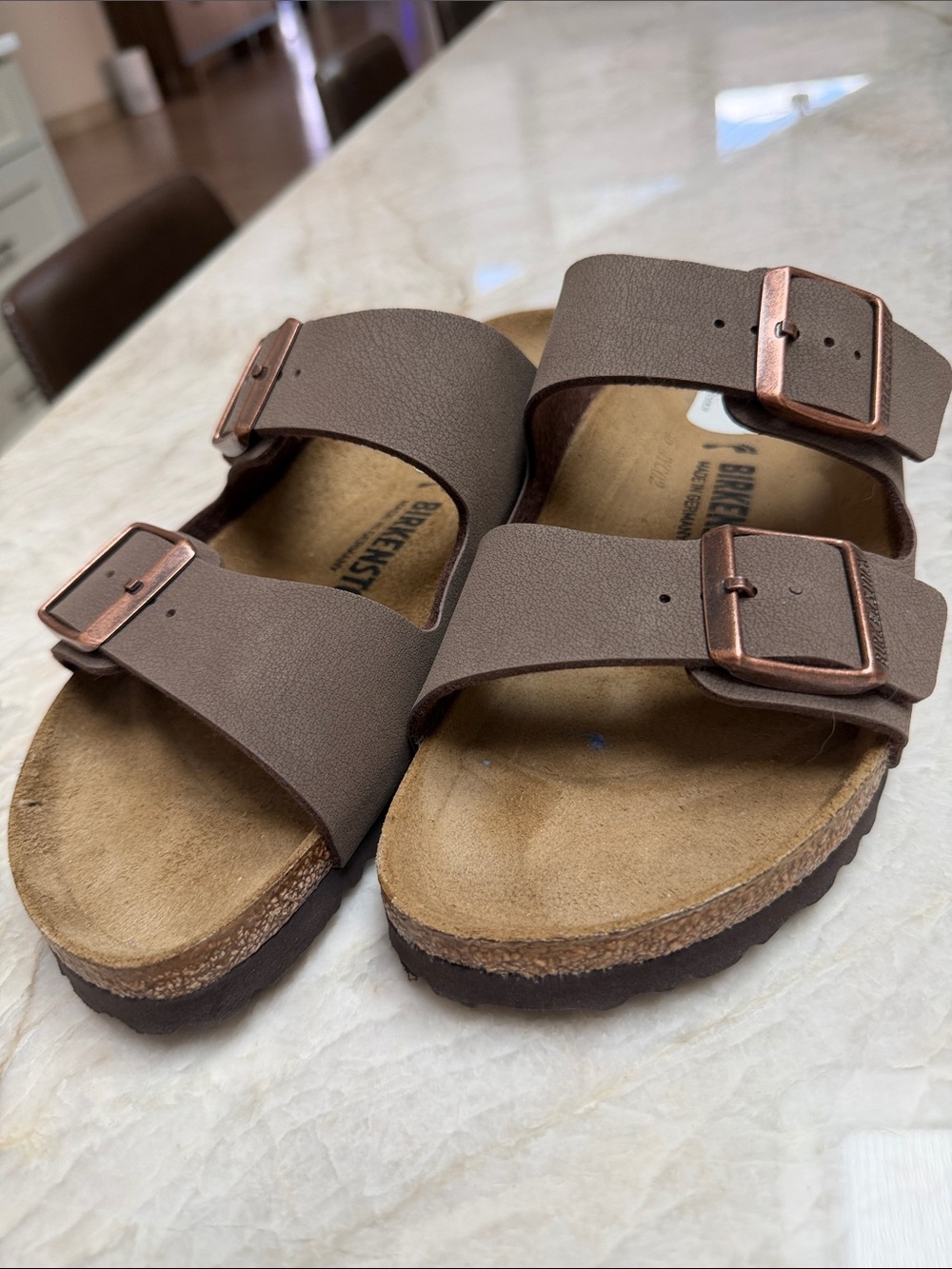 Birkenstock Women’s Brown Two-strap Sandals with Rose Gold Buckles